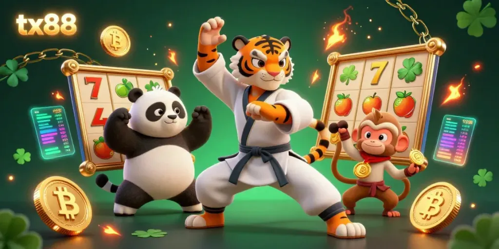 Play tx88 slots with vibrant graphics featuring a kung fu tiger and playful characters amidst glowing blockchain elements.