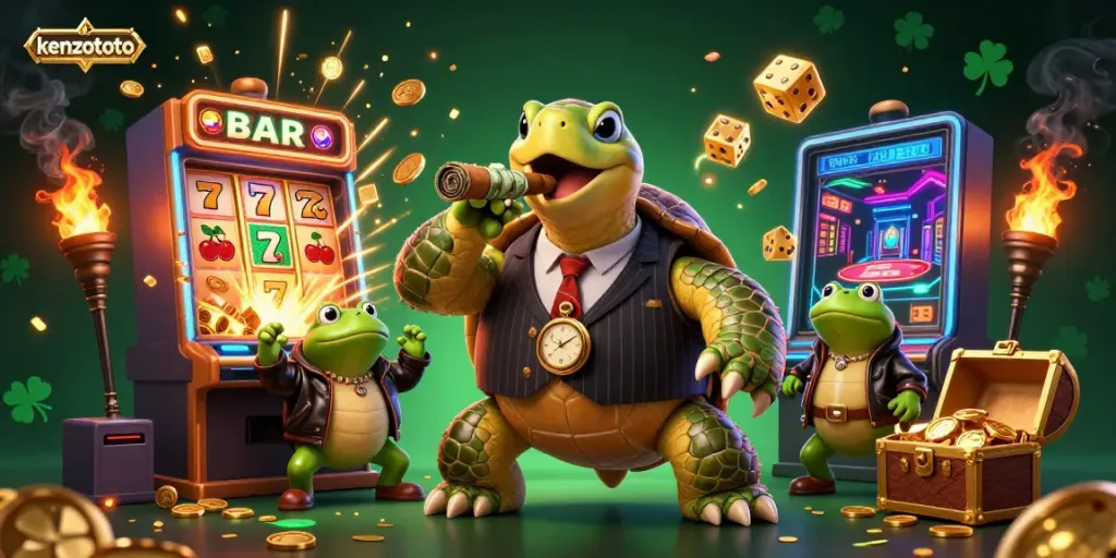 Experience kenzototo with a vibrant 3D casino scene featuring a mobster turtle and jackpot elements.