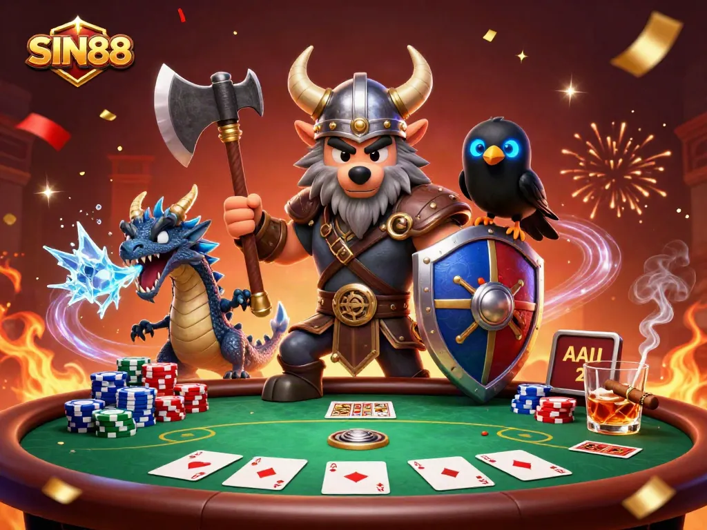 SIN88 Viking wolf conquering the poker table in a vibrant digital casino scene.