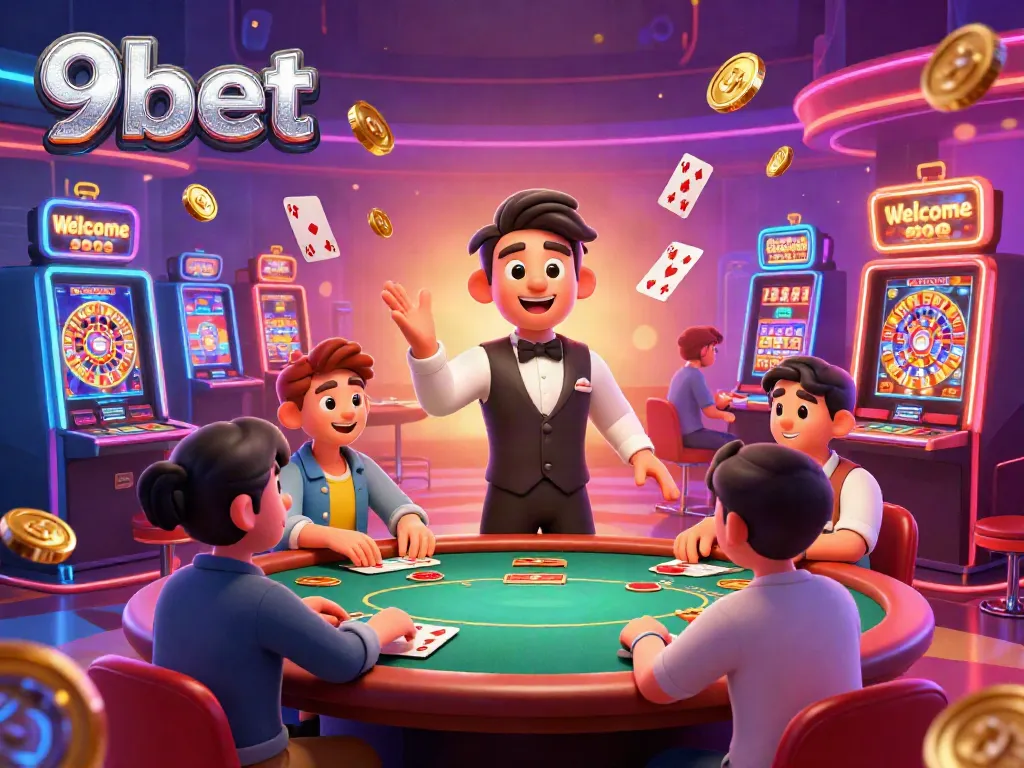 Engage with exciting games at 9bet's vibrant casino, featuring colorful slot machines and lively players.