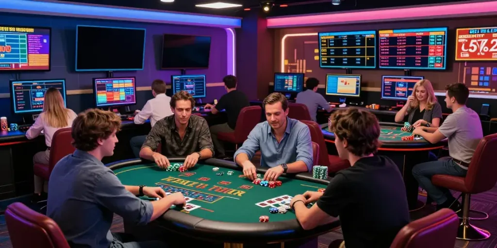 Engaged players enjoying man88 online betting experience in a vibrant casino atmosphere.