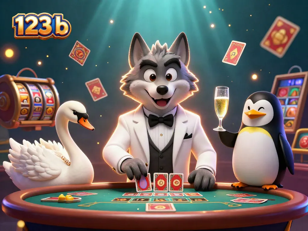 Engage in thrilling baccarat with 123 b featuring vibrant characters and casino elements.