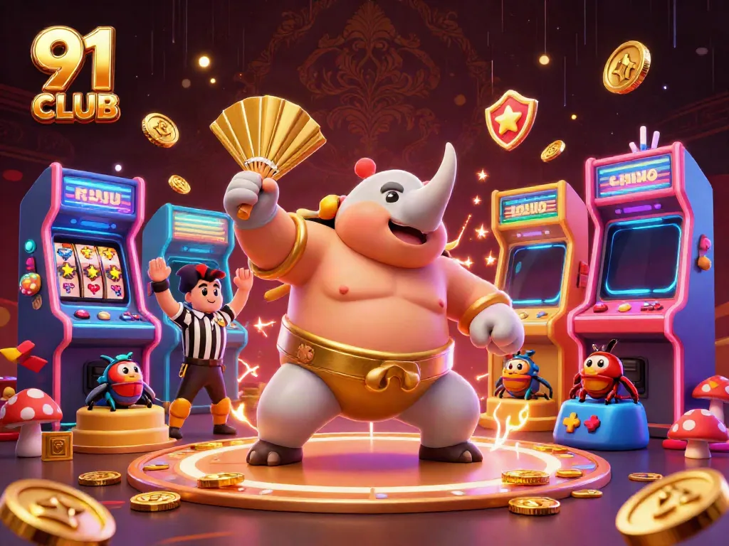 Experience thrilling gameplay at 91 CLUB with a dynamic 3D gambling scene featuring vibrant characters.