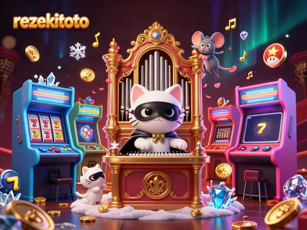 Rezekitoto offers a thrilling casino experience with colorful characters, slot reels, and vibrant gaming elements.