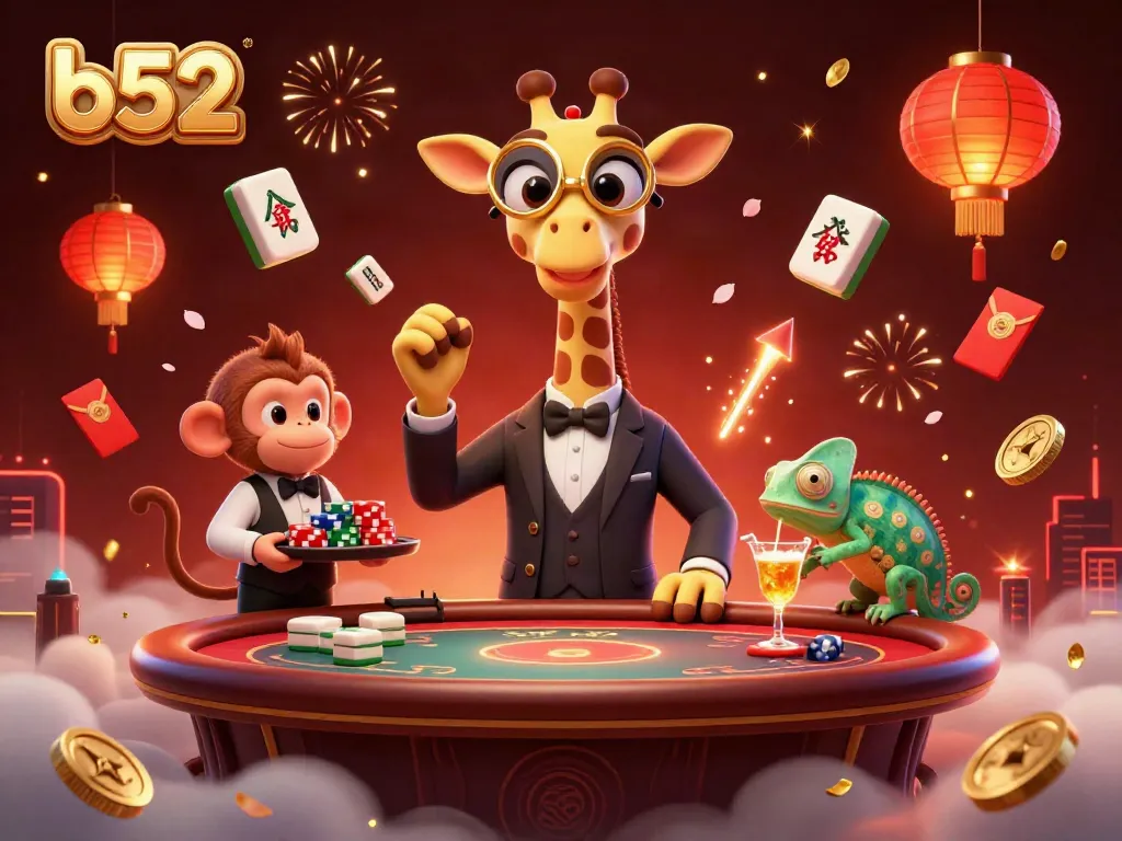 Engage with exciting b52 gameplay illustrated by a high-roller giraffe at a poker table.