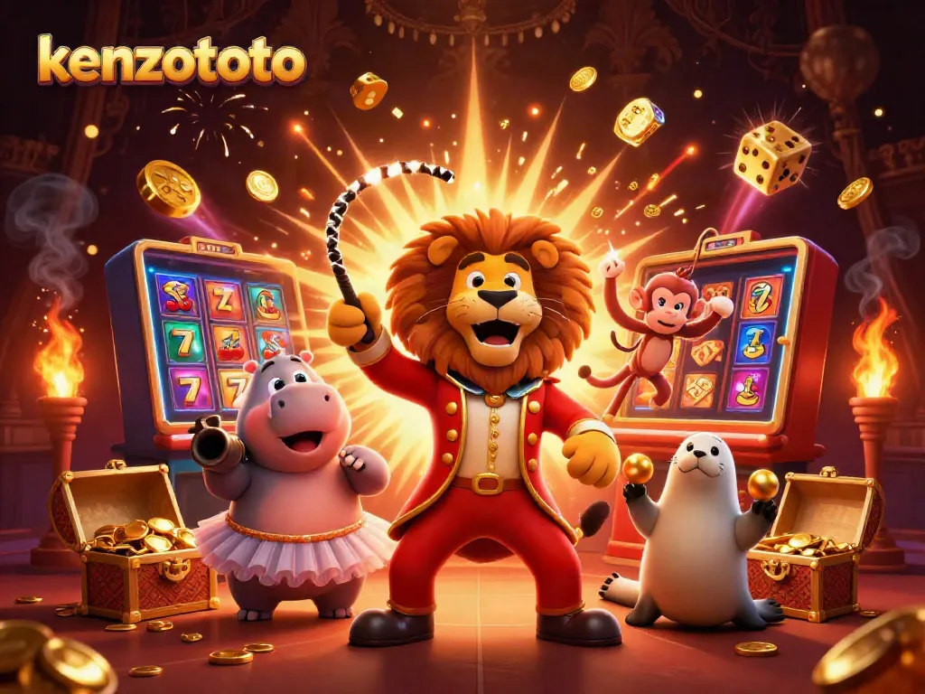 Experience the excitement of kenzototo with a vibrant 3D casino illustration showcasing dynamic game elements and characters.