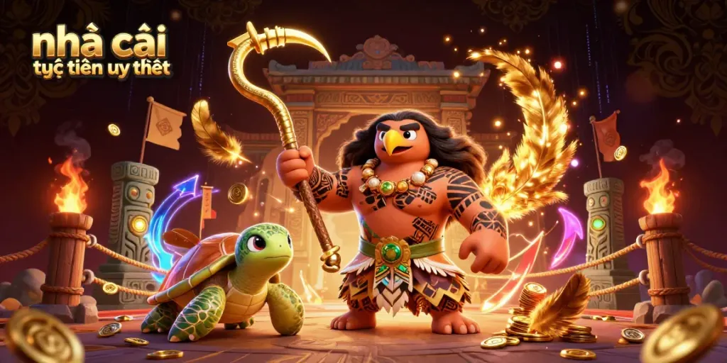 Engage with nhà cái trực tuyến uy tín through an adventurous casino-themed illustration showcasing dynamic characters and rich elements.