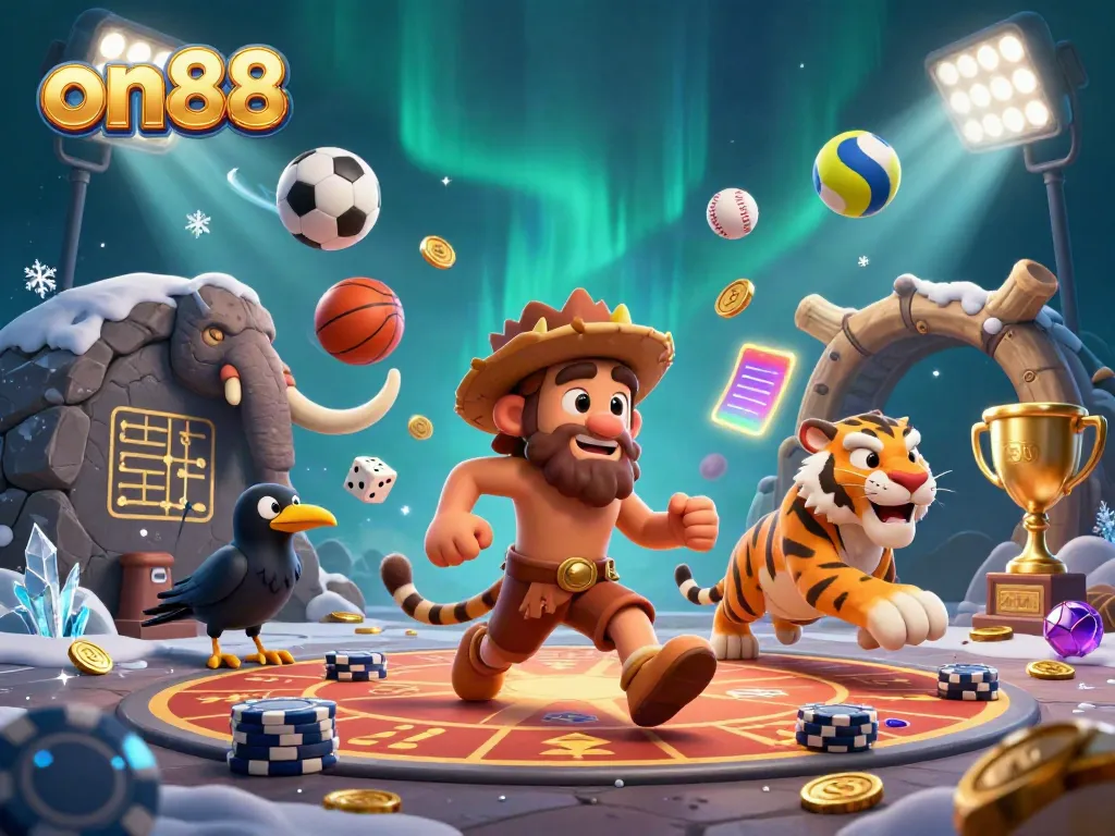 Experience thrilling gaming action with on88 at a prehistoric casino featuring vibrant sports elements and detailed characters.