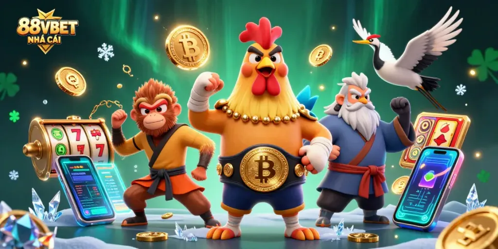 Engage with the vibrant world of 88VBET NHÀ CÁI featuring a Muay Thai rooster, Shaolin monkey, and crane master amidst digital elements.