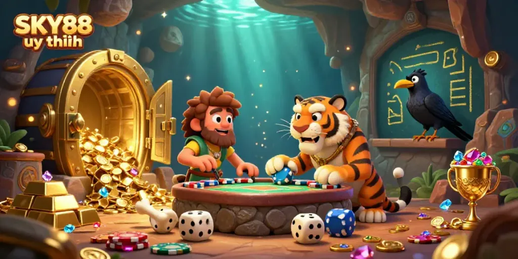 Engage in thrilling gameplay at SKY88 uy tín, featuring a prehistoric casino with vibrant characters and gaming elements.