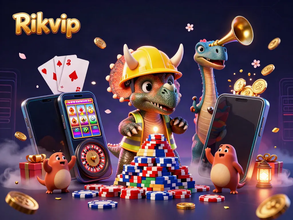 Engage in fun with Rikvip as vibrant characters celebrate a dynamic casino atmosphere.