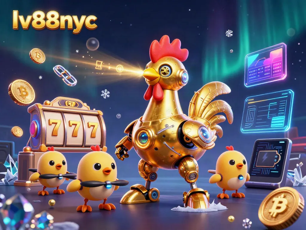 Experience the excitement of lv88nyc with a vibrant scene featuring a golden rooster robot and golden slots!