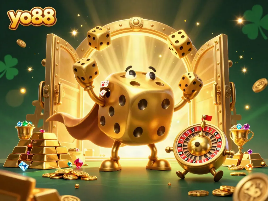 Win at yo88 casino with a dynamic 3D scene featuring golden dice and treasures.