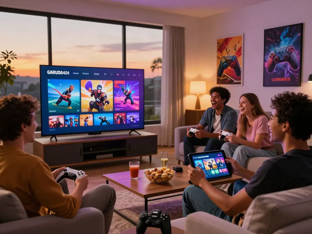 Friends enjoying gaming on GARUDA404 in a cozy living room.