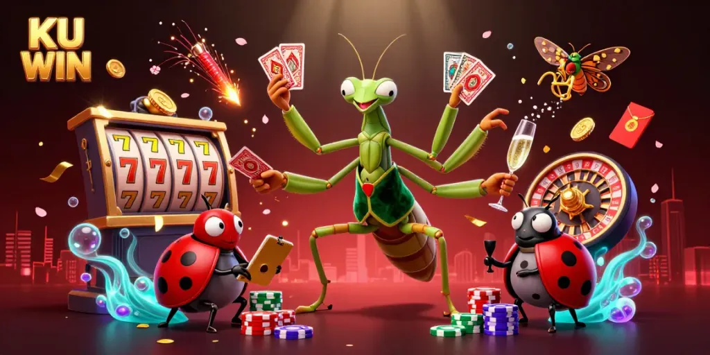 Experience the excitement of KU WIN with a vibrant casino scene featuring dynamic characters and elements.