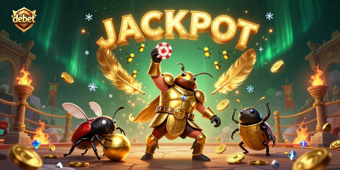 Join the debet adventure as a golden-armored beetle lifts a poker chip in a thrilling casino scene.
