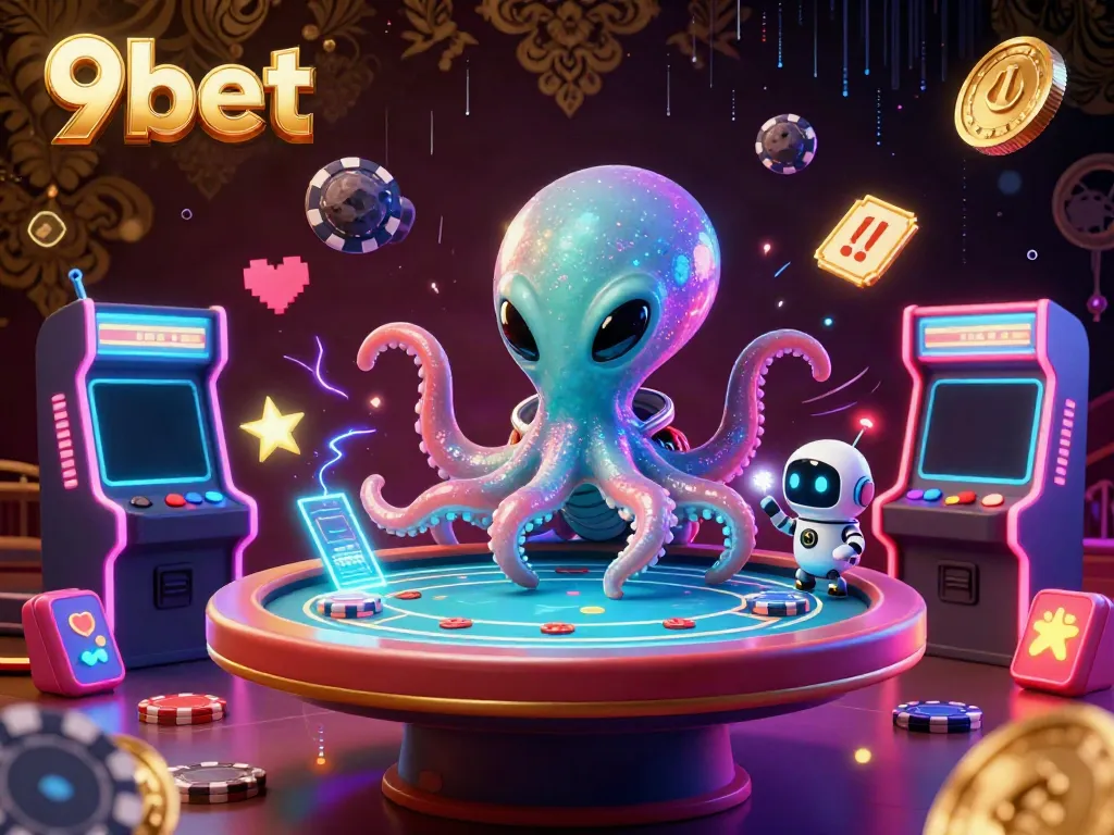 Engage in thrilling gaming with 9bet, featuring a vibrant scene of an octopus at a poker table amidst dynamic casino elements.