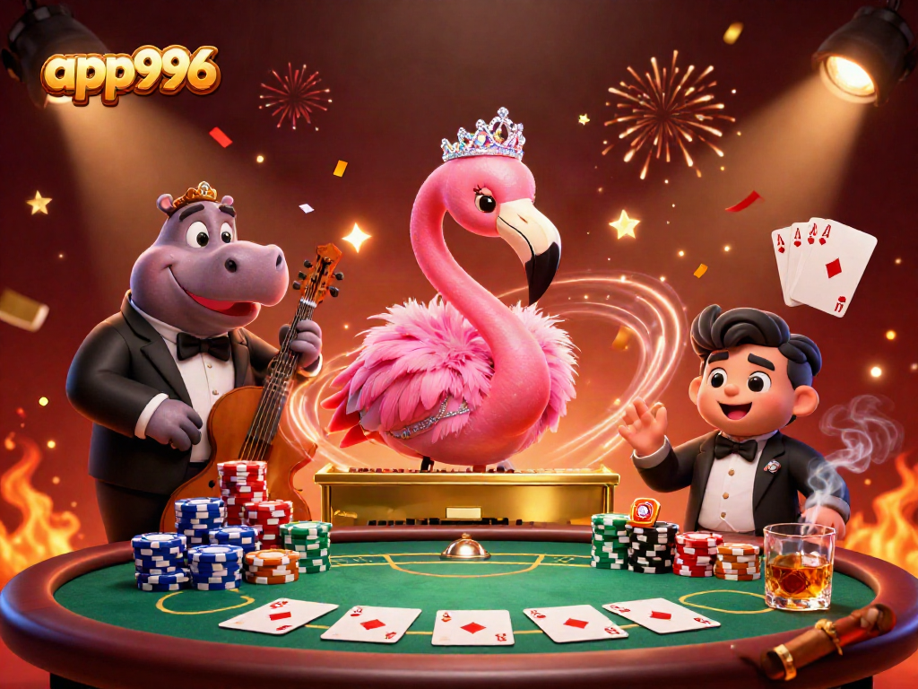 Engage with app996 at an exciting casino scene featuring a flamingo singer and hippo bassist.