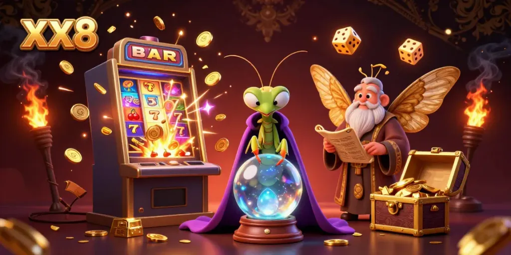 Experience mesmerizing gameplay at XX8 with a vibrant casino scene featuring fortune teller characters and slot machines.