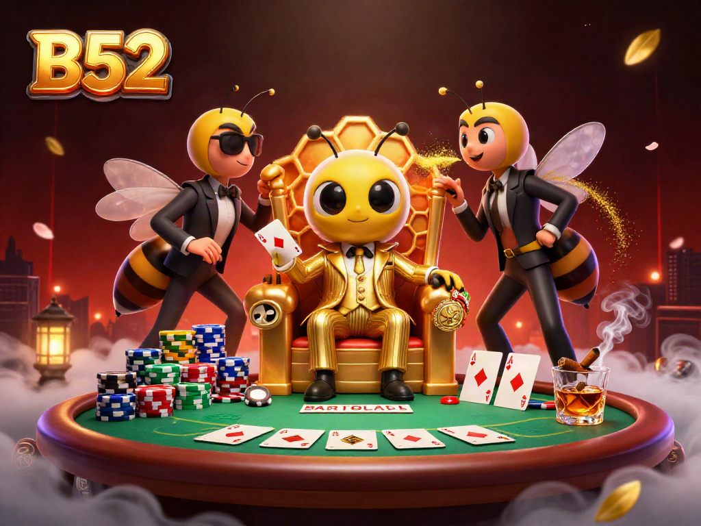 Experience thrilling poker action with B52, featuring a bumblebee mob boss and vibrant casino elements.
