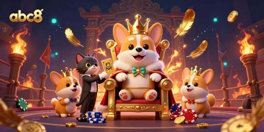 Experience the thrill of abc8 with a corgi throne amidst golden casino elements.