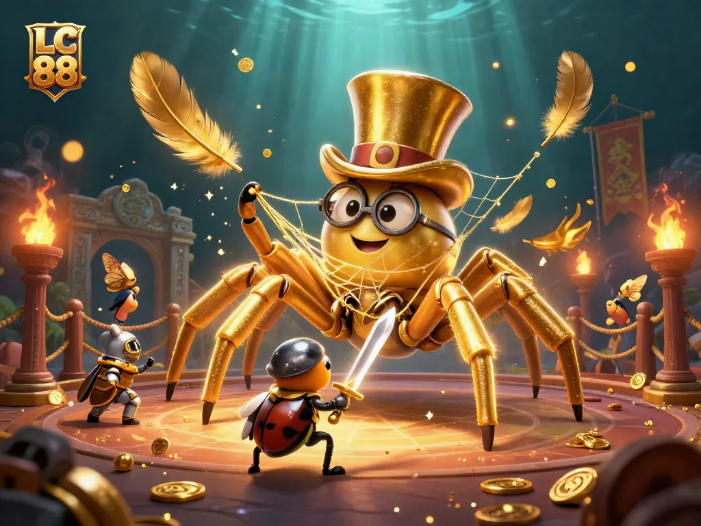 Engage with LC 88's vibrant casino atmosphere featuring a golden tarantula and beetle knight.