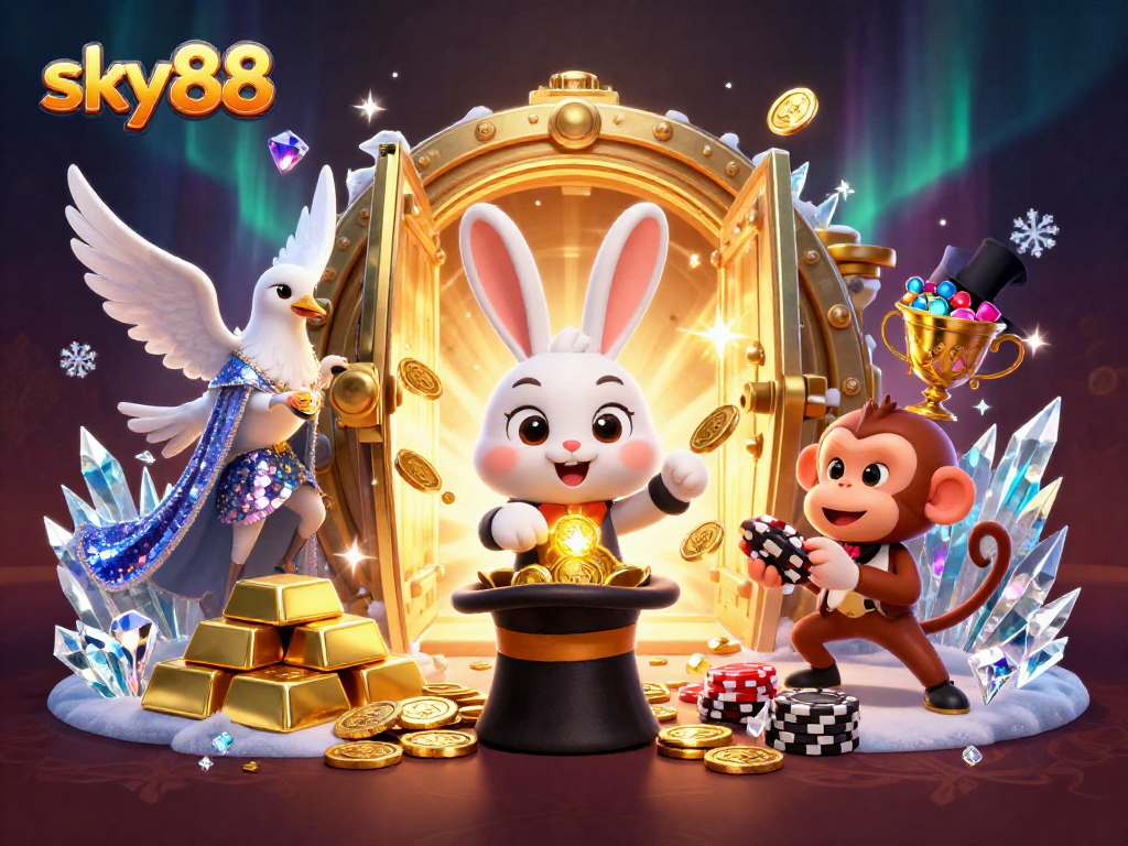 sky88 showcases a dynamic scene with a magician rabbit, dove, and monkey amidst casino treasures.