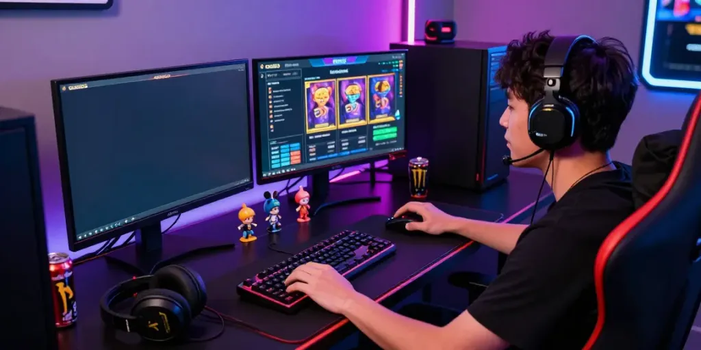 Engaged gamer enjoying slot gacor hari ini on multiple screens in a vibrant gaming setup.