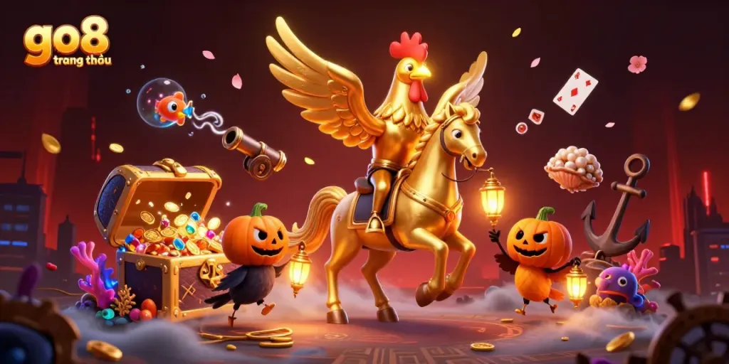Experience the vibrant world of go8 trang chủ with a golden rooster and mystical elements in a casino