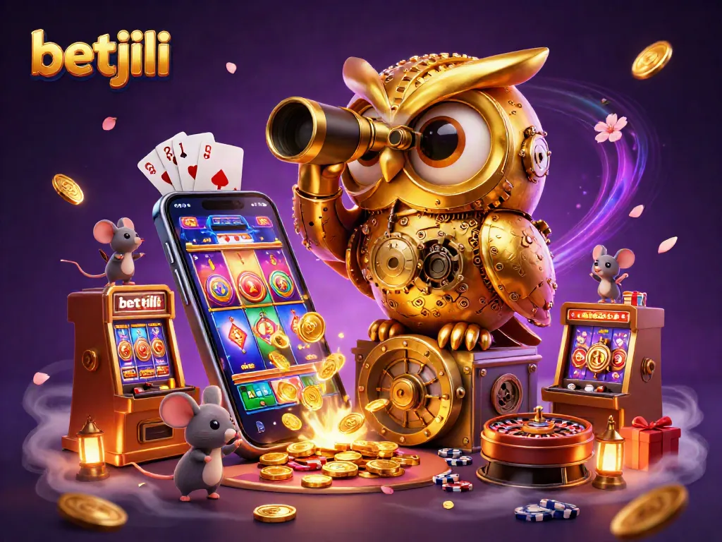 Betjili's animated golden owl overseeing an exciting casino scene filled with games and players.