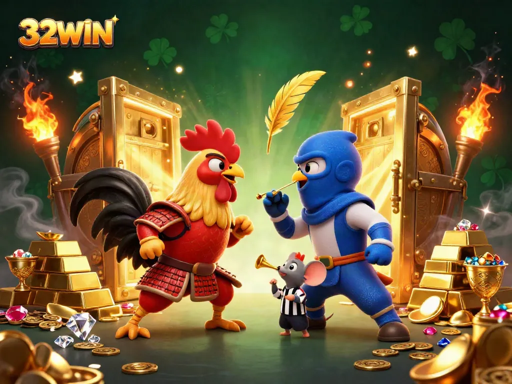 Experience the action of 32WIN with twin roosters in a battle for riches amidst treasure and gems
