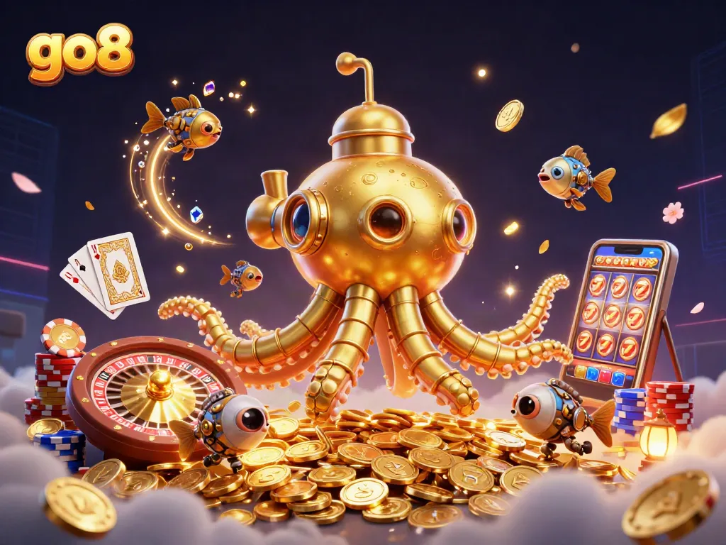 Experience thrilling action with go8 casino elements, featuring a golden kraken amidst coins and cards.