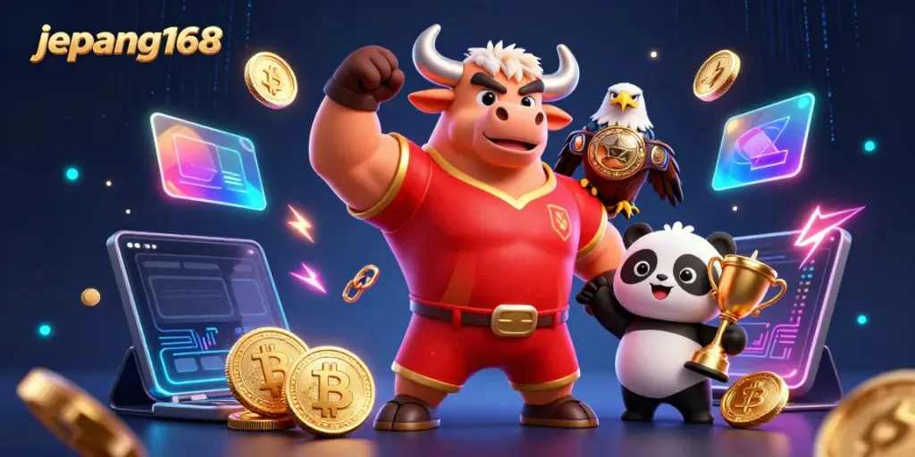 Experience excitement at Jepang168 with a 3D bull mascot, eagle, and panda celebrating wins.