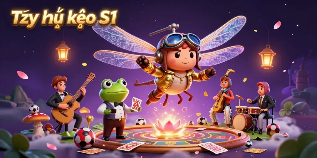 Engaging 3D scene showcasing Tỷ lệ kèo S1 with a dragonfly pilot above a lily pad casino and frog dealer, surrounded by sports-themed elements.
