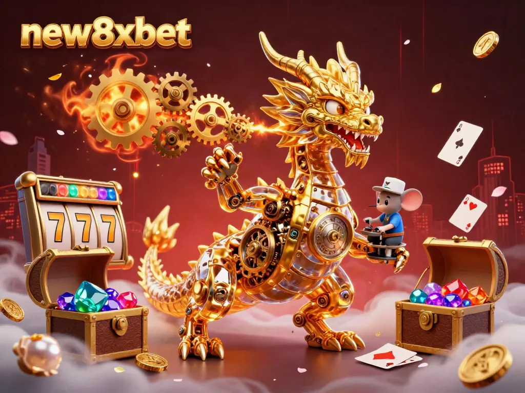 Experience thrilling gameplay with new8xbet's dynamic golden dragon illustration, symbolizing luck and excitement.