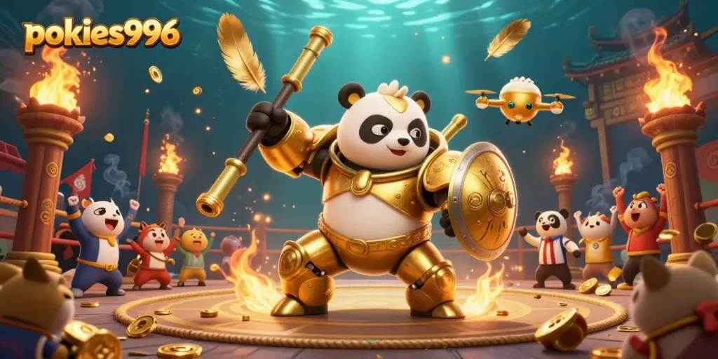 Engage with pokies996 and spin winning reels in a vibrant, animated casino arena.