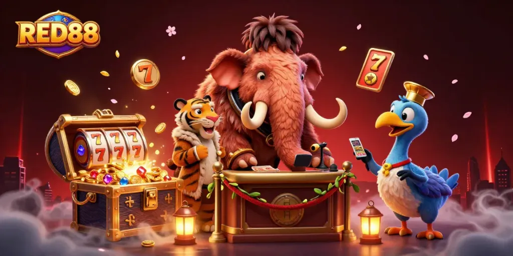 Experience vibrant RED88 action with a bouncer and a VIP in a dynamic casino scene.