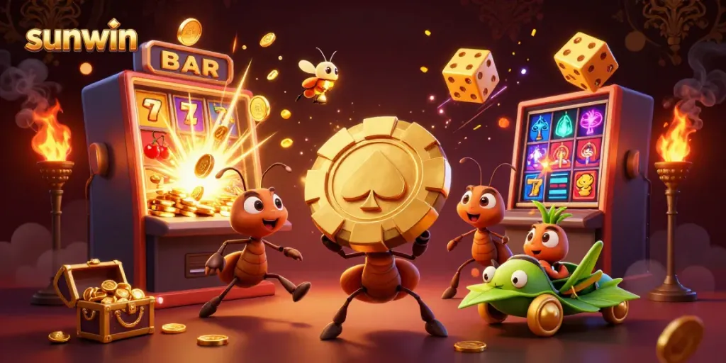 Engaging scene of sunwin's cartoon ants orchestrating a heist with golden chips amidst casino games and excitement.