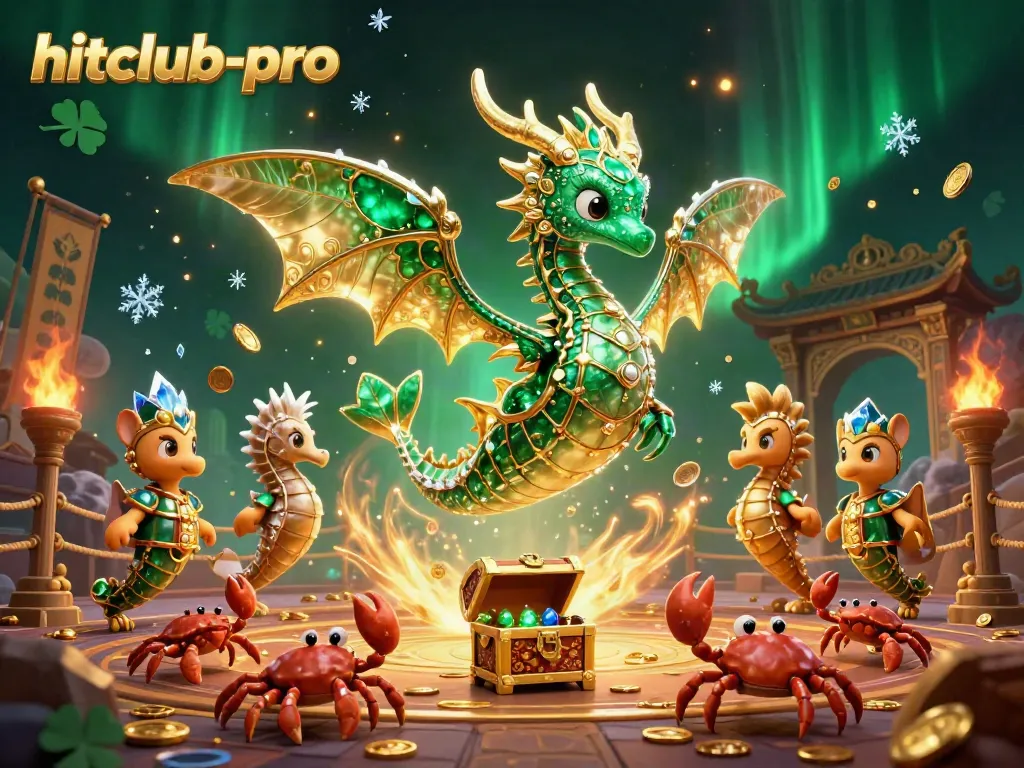 Engage with hitclub-pro, a vibrant casino scene featuring emerald sea dragon, crabs, and gold coins.