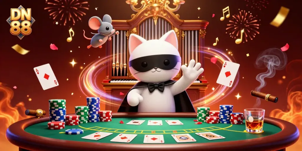 Engage with DN 88 in a vibrant casino scene featuring a whimsical cat at the organ surrounded by poker elements.