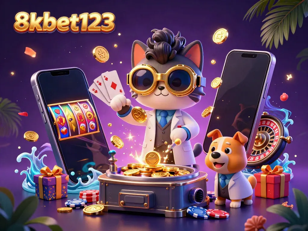 Experience the excitement of 8xbet123 with a dynamic 3D scene featuring a mad scientist cat creating gold coins amidst vibrant casino elements.
