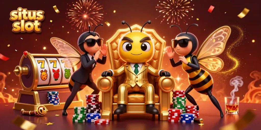 Situs slot showcases an engaging 3D bumblebee mob boss in a dynamic casino scene with vibrant slot reels and poker elements.