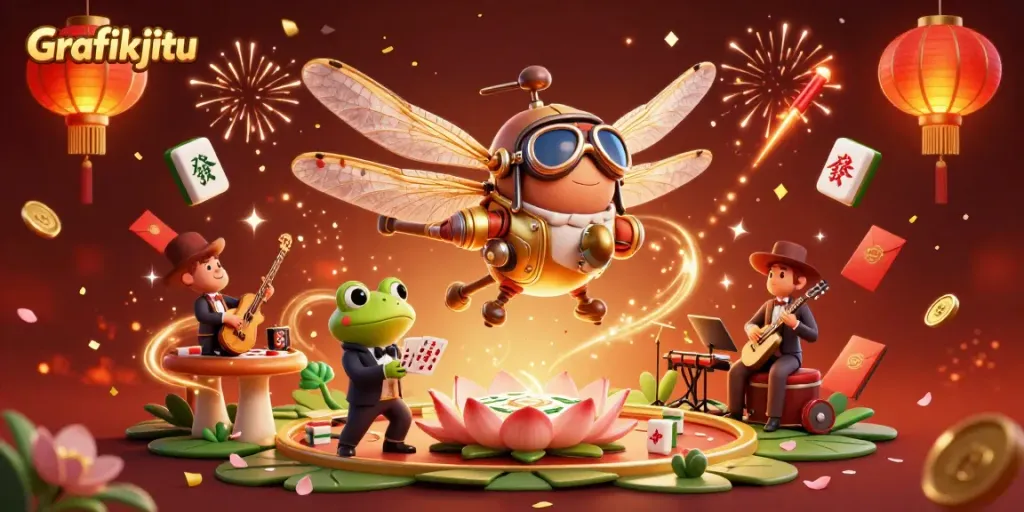 Grafikjitu captures the excitement of online gambling as a dragonfly helicopter pilot hovers over a lily pad casino.