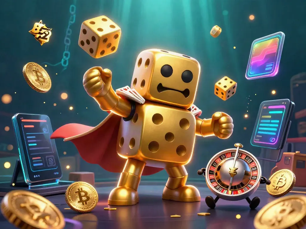 B52 propels thrilling gaming with a golden dice golem juggling winnings in a vibrant casino scene.