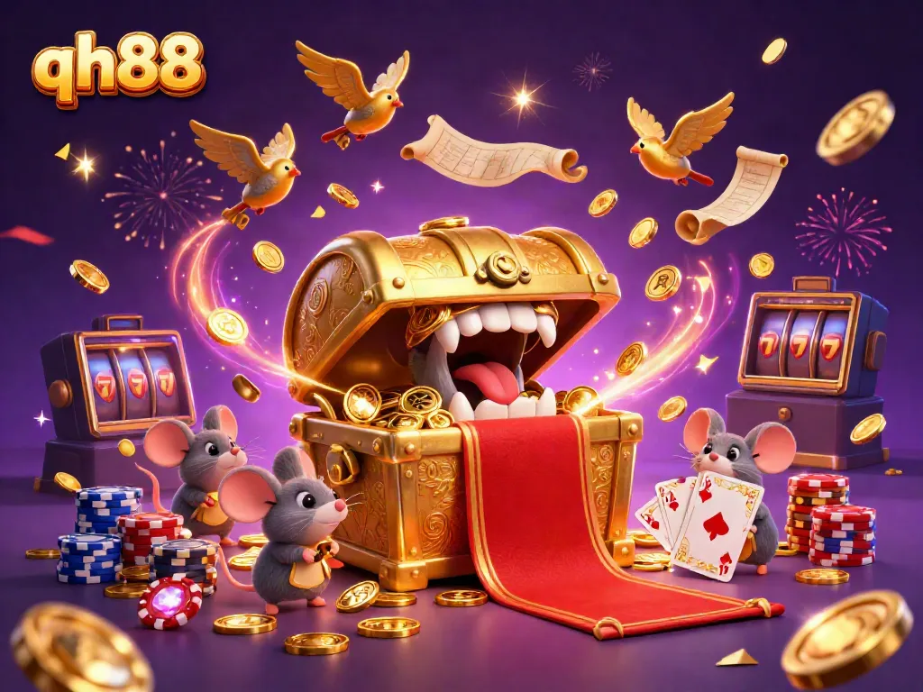 Engage in thrilling casino gameplay at qh88 with vibrant 3D elements showcasing slots, poker, and roulette.