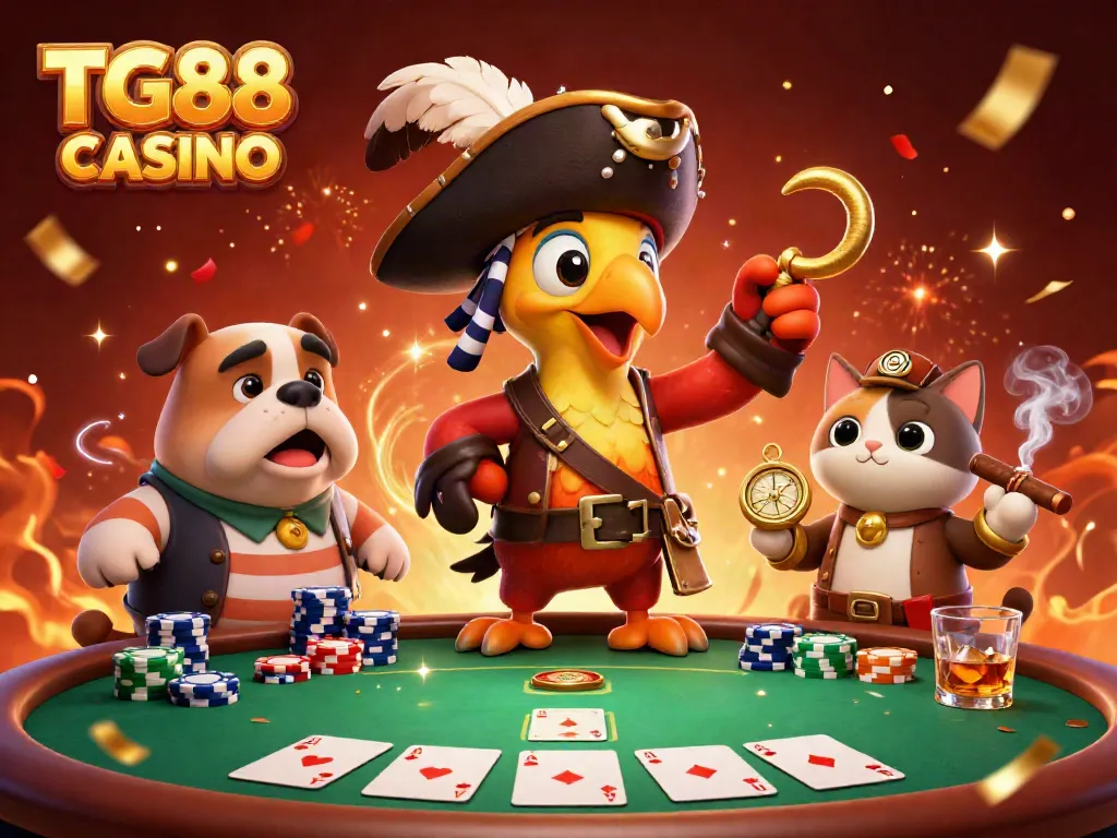 Experience the thrill of TG88 CASINO with a vibrant pirate scene full of poker chips and cards.
