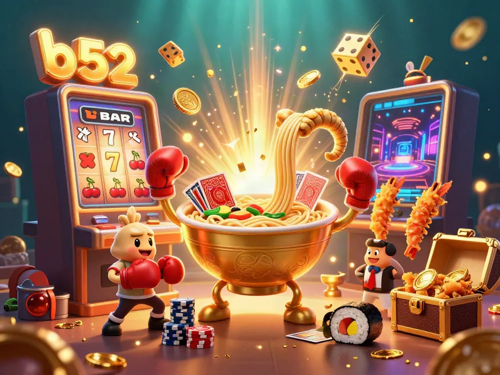 Exciting illustration of b52-themed 3D casino characters dealing cards and chips amidst a vibrant jackpot scene.