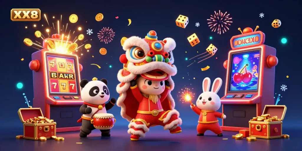 Spin the reels at XX8 with this vibrant scene showcasing a festive lion dance and casino delights.