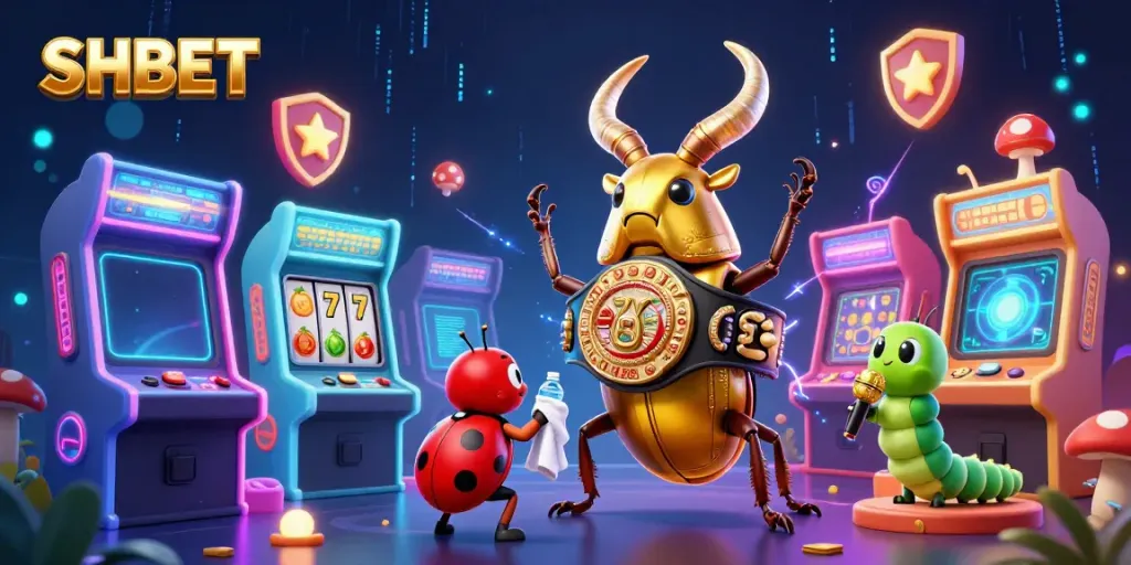 Engage in thrilling gaming experiences at SHBET with a lively 3D illustration of competitive gaming characters and casino elements.