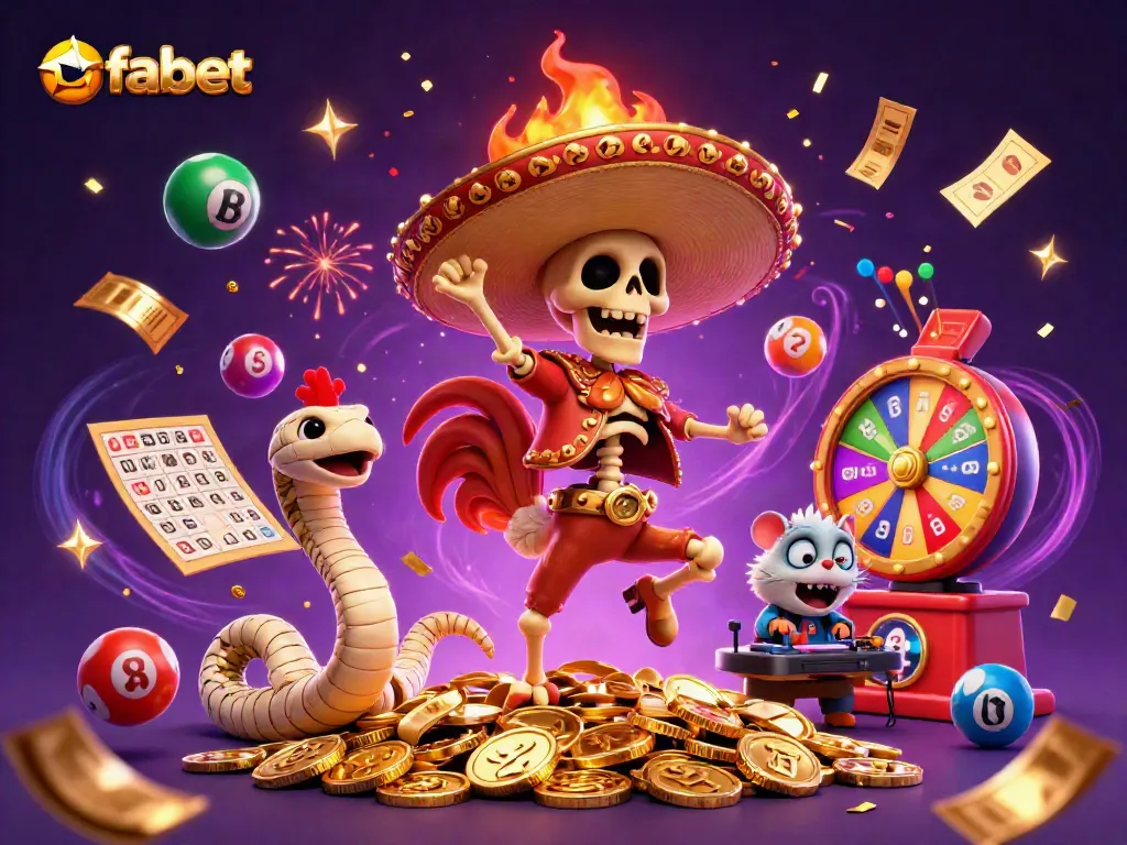 Experience vibrant luck at fabet with a cartoon mariachi rooster dancing amongst casino treasures.